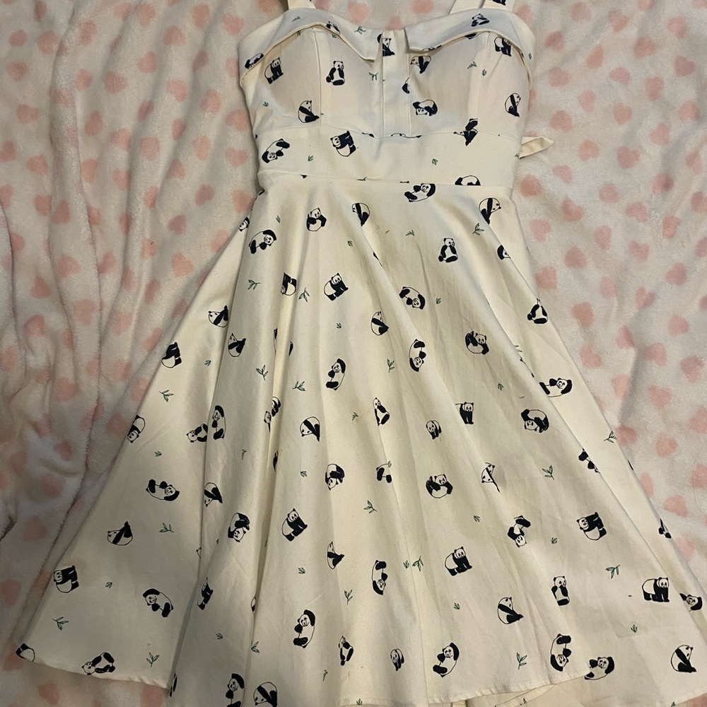 White panda print pinup tie-back fit and flare dress